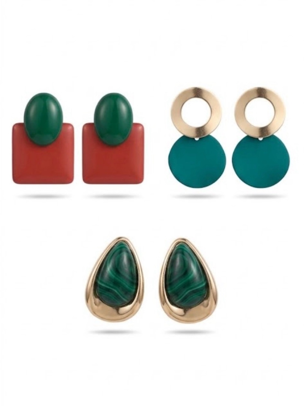 Trendy Statement Geometric Earring Lot | Green Red Gold Dangle & Studs